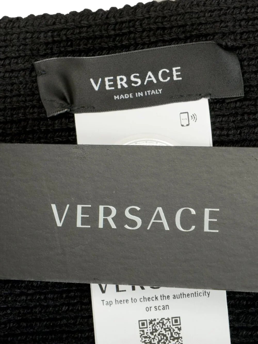 Versace Unisex Black 100% Wool Ribbed Knitted Long Scarf